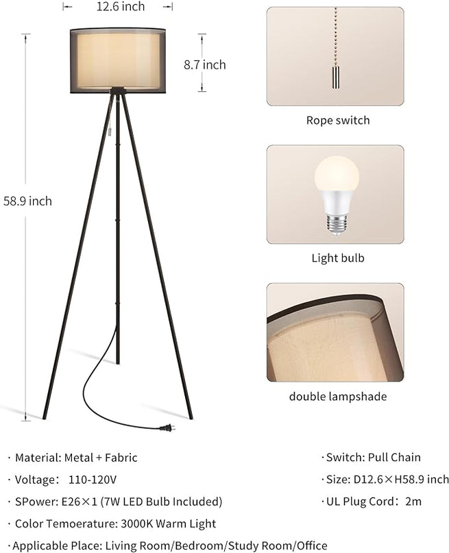 KDG Modern Floor Lamp for Living Room, Tall Tripod Floor Lamp Corner Lighting, Fabric Lampshade LED Bulb Bright Pole Light, High Light for Bedroom, Reading, Office, Study Room, Warm Light(Black) - LeafyLoom