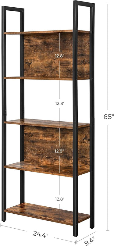 VASAGLE 5-Tier Bookshelf, Book Shelf, Industrial Bookcase, with Steel Frame, for Living Room, Home Office, Bedroom, 9.4 x 24.4 x 65 Inches, Rustic Brown and Black ULLS025B01 - LeafyLoom