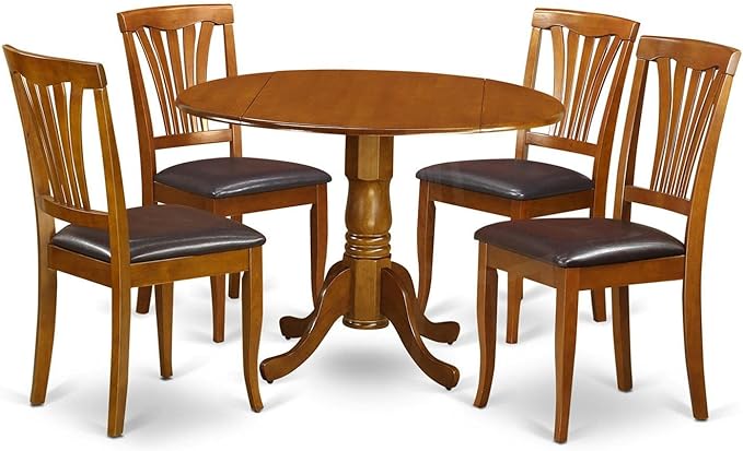 East West Furniture DLAV5-SBR-LC 5 Piece Dining Room Table Set Includes a Round Kitchen Table with Dropleaf and 4 Faux Leather Upholstered Dining Chairs, 42x42 Inch, Saddle Brown - LeafyLoom