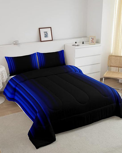 Geometric Abstract Ombre Comforter Set Kids Teens Dark Blue and Black Striped Bedding Bed Set Decor Modern Fashion Comforter Inner Fill Bedroom Collection 3Pcs Full Size - LeafyLoom