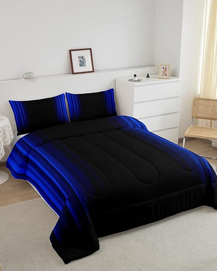 Geometric Abstract Ombre Comforter Set Kids Teens Dark Blue and Black Striped Bedding Bed Set Decor Modern Fashion Comforter Inner Fill Bedroom Collection 3Pcs Queen Size - LeafyLoom