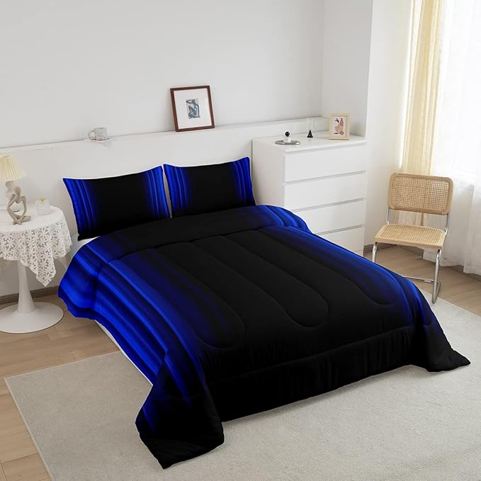 Geometric Abstract Ombre Comforter Set Kids Teens Dark Blue and Black Striped Bedding Bed Set Decor Modern Fashion Comforter Inner Fill Bedroom Collection 3Pcs Queen Size - LeafyLoom