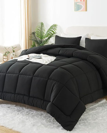 WhatsBedding Queen Comforter Set, Black Lightweight 3 Pieces Bedding Set for All Season Soft Down Alternative Bed Set with 2 Pillowcases, Queen Size,88"x90" - LeafyLoom