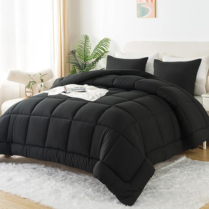 WhatsBedding Queen Comforter Set, Black Lightweight 3 Pieces Bedding Set for All Season Soft Down Alternative Bed Set with 2 Pillowcases, Queen Size,88"x90" - LeafyLoom