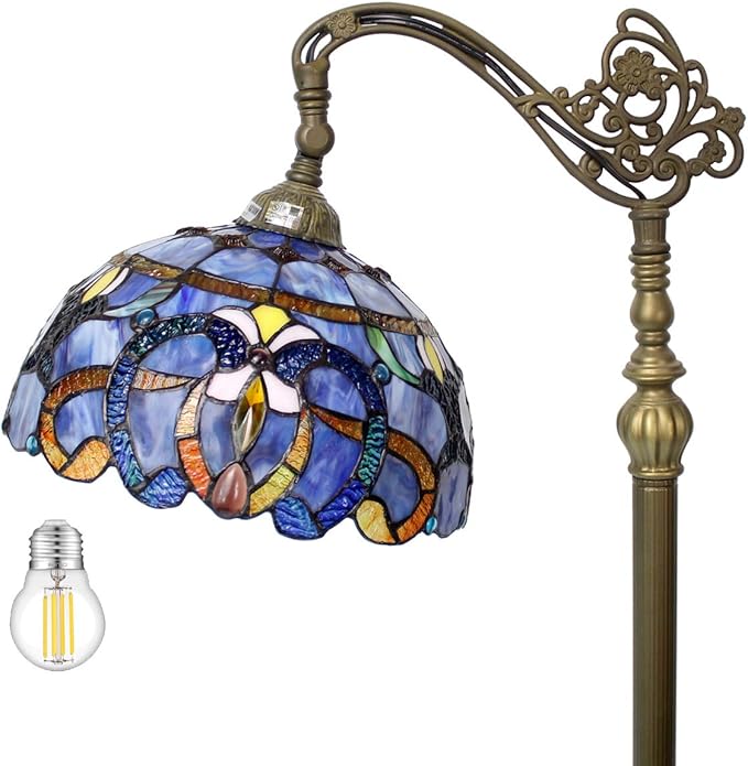 WERFACTORY Tiffany Floor Lamp Blue Purple Cloud Stained Glass Arched Lamp 12X18X64 Inches Gooseneck Adjustable Corner Standing Reading Light Decor Bedroom Living Room S558 Series - LeafyLoom