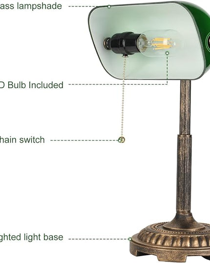 Bankers Lamp, Green Desk Lamp with Pull Switch, Vintage Table Lamps for Home Office, Library, Piano LED Bulb Included (Green) - LeafyLoom