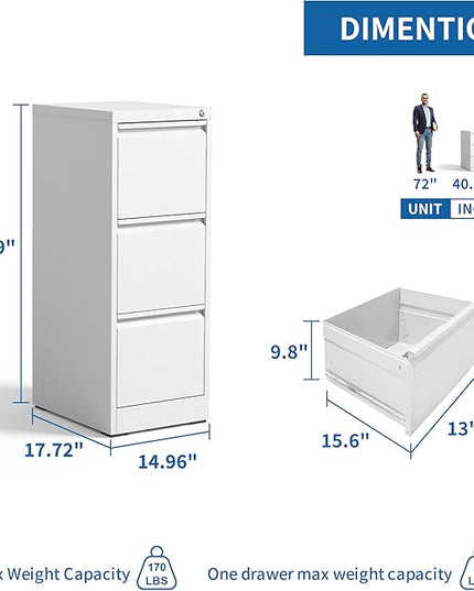Vertical File Cabinet with Drawer, 3 Drawer File Cabinet with Lock, Filing Cabinets for Home Office, Hanging Files for A4/ Legal/Letter, White - LeafyLoom