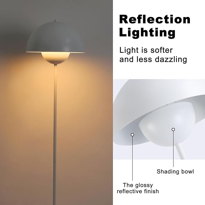 Modern Floor Lamp for Bedroom, 63'' Industrial Corner Floor Lamp for Living Room, Metal Arched Shade Tall Standing Lamp for Office, Reflecting Light Reading Floor Lamp, White - LeafyLoom