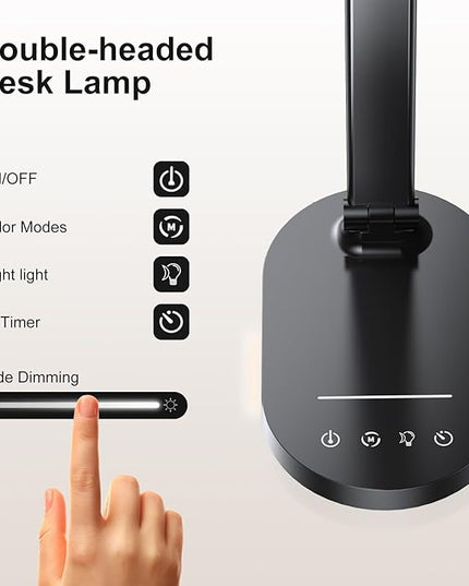 Desk Lamps for Home Office, Eye-Care LED Desk Lamp with USB Charging Port, Touch Control Table Lamp with Night Light Mode, 60 min Timer Desktop Lamp for College Dorm Room Bedroom - LeafyLoom