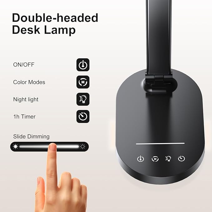 Desk Lamps for Home Office, Eye-Care LED Desk Lamp with USB Charging Port, Touch Control Table Lamp with Night Light Mode, 60 min Timer Desktop Lamp for College Dorm Room Bedroom - LeafyLoom