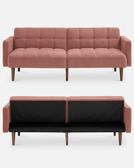mopio Aaron Couch, Small Sofa, Futon, Sofa Bed, Sleeper Sofa, Loveseat, Mid Century Modern Futon Couch, Sofa Cama, Couches for Living Room, Bedroom (Old Rosa, Velvet) - LeafyLoom