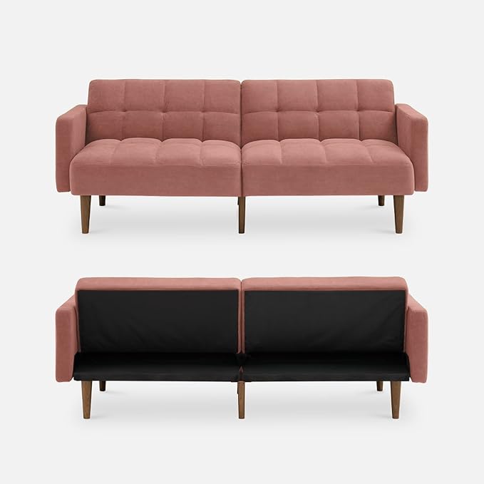 mopio Aaron Couch, Small Sofa, Futon, Sofa Bed, Sleeper Sofa, Loveseat, Mid Century Modern Futon Couch, Sofa Cama, Couches for Living Room, Bedroom (Old Rosa, Velvet) - LeafyLoom