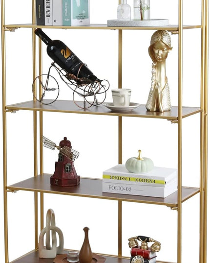 No Assembly Folding Bookshelf, 4 Tier Gold Bookshelf, Metal Book Shelf for Storage, Folding Bookcase for Office Organization and Storage, 12.87" D x 30.9" W x 55.71" H - LeafyLoom
