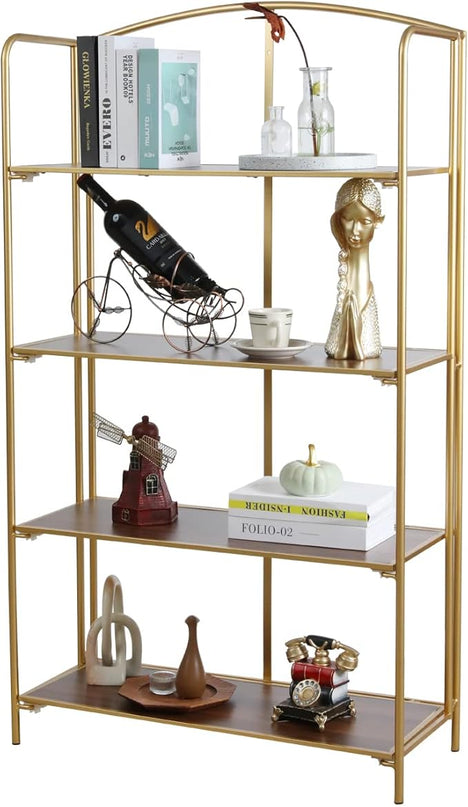 No Assembly Folding Bookshelf, 4 Tier Gold Bookshelf, Metal Book Shelf for Storage, Folding Bookcase for Office Organization and Storage, 12.87" D x 30.9" W x 55.71" H - LeafyLoom
