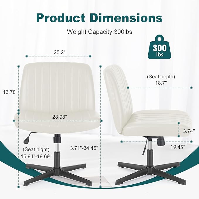 OLIXIS Cross Legged Armless Wide Adjustable Swivel Padded Home Office Desk Chair, Cream - LeafyLoom
