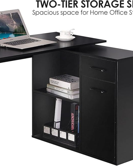 L-Shaped Rotating Computer Desk with Storage Shelves 68 inch Home Office Desk Corner with Drawers and File Cabinet Multipurpose Study Writing Table for Bedroom Small Space Black - LeafyLoom