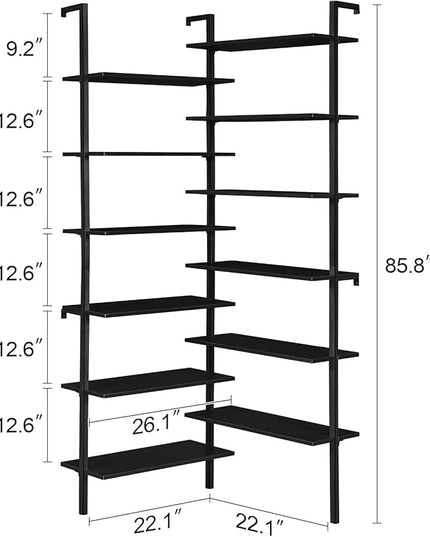 HOMISSUE Corner Bookshelf, 12-Tier L Shaped Bookshelf, Double Wide Corner Wall Mount Bookcase with Metal Frame and Wood, Modern Industrial Corner Shelf for Living Room, Kitchen, Home Office Black - LeafyLoom
