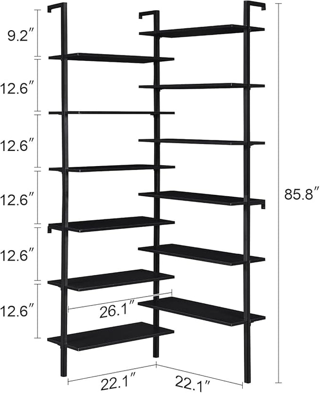 HOMISSUE Corner Bookshelf, 12-Tier L Shaped Bookshelf, Double Wide Corner Wall Mount Bookcase with Metal Frame and Wood, Modern Industrial Corner Shelf for Living Room, Kitchen, Home Office Black - LeafyLoom
