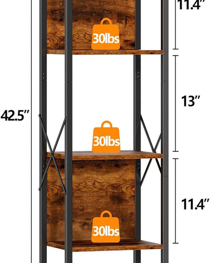 Furologee 4 Tier Small Bookshelf with Back, Short Narrow Bookcase with Shelves, Industrial Freestanding Shelf Units, Metal and Wooden Display Storage Rack for Bedroom, Living Room, Office, Entryway - LeafyLoom
