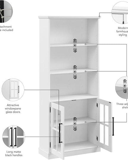Bush Furniture Westbrook Tall 5 Shelf Bookcase with Glass Doors in White Ash | Farmhouse Bookshelf Cabinet for Living Room and Home Office - LeafyLoom