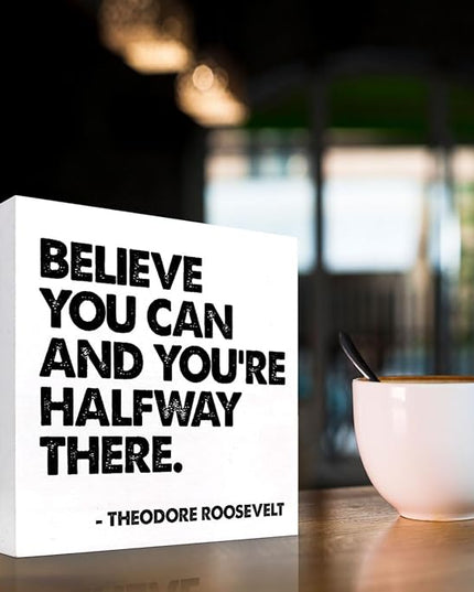 Believe You Can and You're Halfway There Wood Box Signs,Inspirational Wood Plaque Sign Desk Decor,Rustic Positive Wooden Block Sign Decor for Home Office Shelf Table Decoration C1073 - LeafyLoom