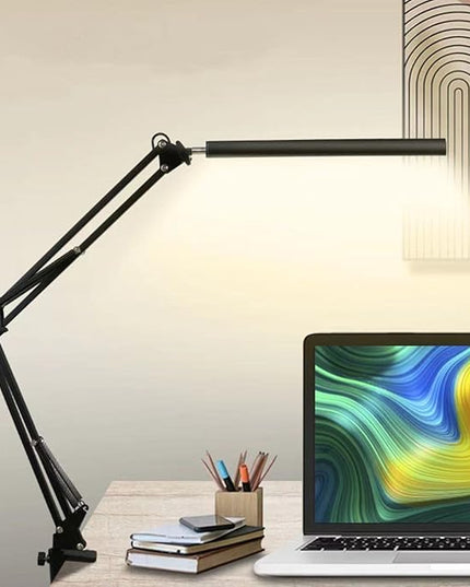 Desk Lamp,12W Eye-Caring Metal Swing Arm Desk Lamp with Clamp, 20 Brightness Dimmable Clamp Desk Light with Memory Function, 360 Degree Spin Architect Table Desk Lamps for Dorms, Studios Reading - LeafyLoom