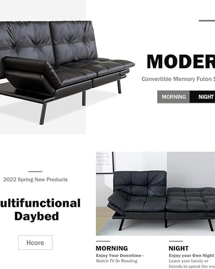 Futon Bed/Couch,Black Faux Leather Memory Foam Small Splitback Convert Backrests&Armrests,Easy to Clean Sofas, 71x33x31.5IN - LeafyLoom