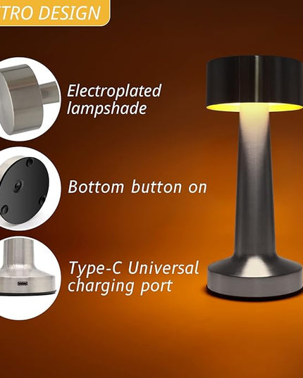 Cordless LED Touch Lamp, Dimmable Gold Yellow White 3 Colors, Rechargeable Portable Night Light for Kids Nursery Bedroom NightStand Bedside Lamp (Silver) - LeafyLoom