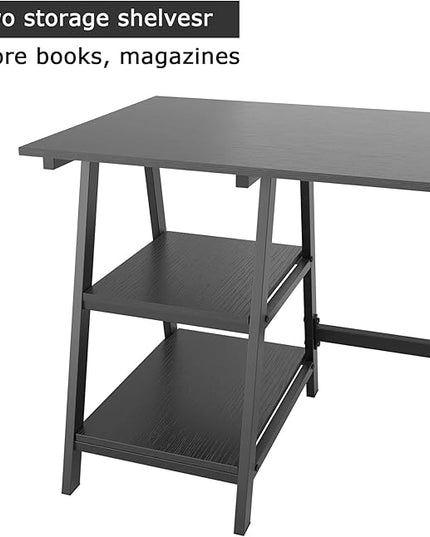 sogesfurniture 47 inches Writing Computer Study Desk with 2 Tier Storage Shelves on Left or Right Side, Trestle Desk, Home Office Study Desk,Black - LeafyLoom