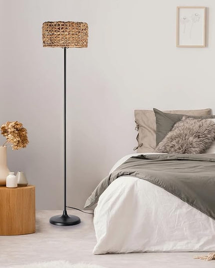 Unique Farmhouse Floor Lamp for Living room, Bedroom and Office, Original Handmade Water Lettuce Rattan Shade Tall Standing Light Black , Modern Vintage Rustic Rural Décor(No Bulbs) - LeafyLoom
