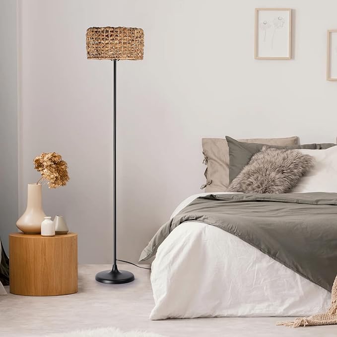 Unique Farmhouse Floor Lamp for Living room, Bedroom and Office, Original Handmade Water Lettuce Rattan Shade Tall Standing Light Black , Modern Vintage Rustic Rural Décor(No Bulbs) - LeafyLoom