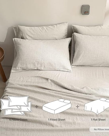 Simple&Opulence 100% Linen Sheet Set Solid Color- 6 Pcs Washed French Flax Bed Sheets (1 Flat Sheet, 1 Fitted Sheet, 4 Pillowcases) - Breathable Home Collection (Basic Linen, King) - LeafyLoom