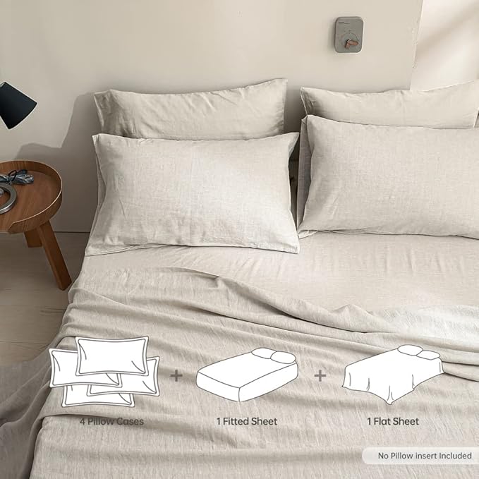 Simple&Opulence 100% Linen Sheet Set Solid Color- 6 Pcs Washed French Flax Bed Sheets (1 Flat Sheet, 1 Fitted Sheet, 4 Pillowcases) - Breathable Home Collection (Basic Linen, King) - LeafyLoom