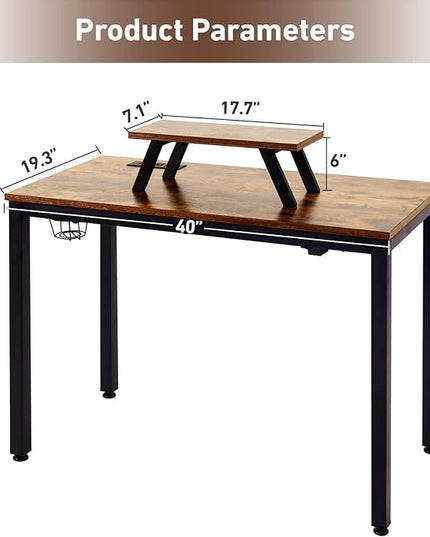 Computer Desk with Power Strip and Monitor Stand, 40" Desk for Home Office Small Space, Small Writing Desk Study Table Workstation with Cup Holder Headphone Hook, Easy Assembly - LeafyLoom