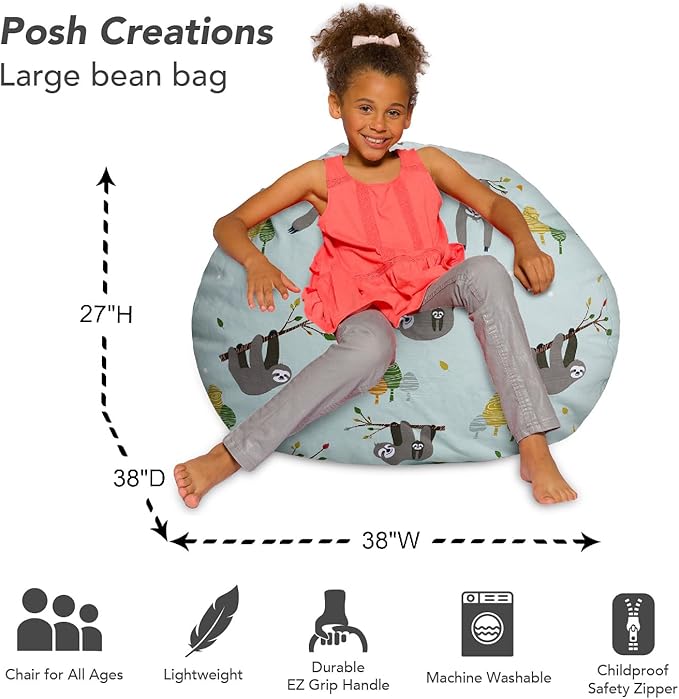 Posh Creations Bean Bag Chair for Kids, Teens, and Adults Includes Removable and Machine Washable Cover, Canvas Sloth and Trees, 38in - Large - LeafyLoom