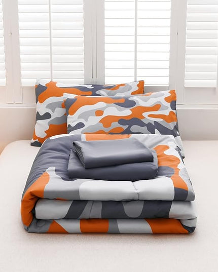 Meeting Story Camouflage Bedding Set, Colorful Pattern Style Comforter Set, 5 PCS One Comforter Two Pillowcases Two Sheets in One Bag, All Season Bedspread for Teens Adults (Orange, Full 5Pcs) - LeafyLoom