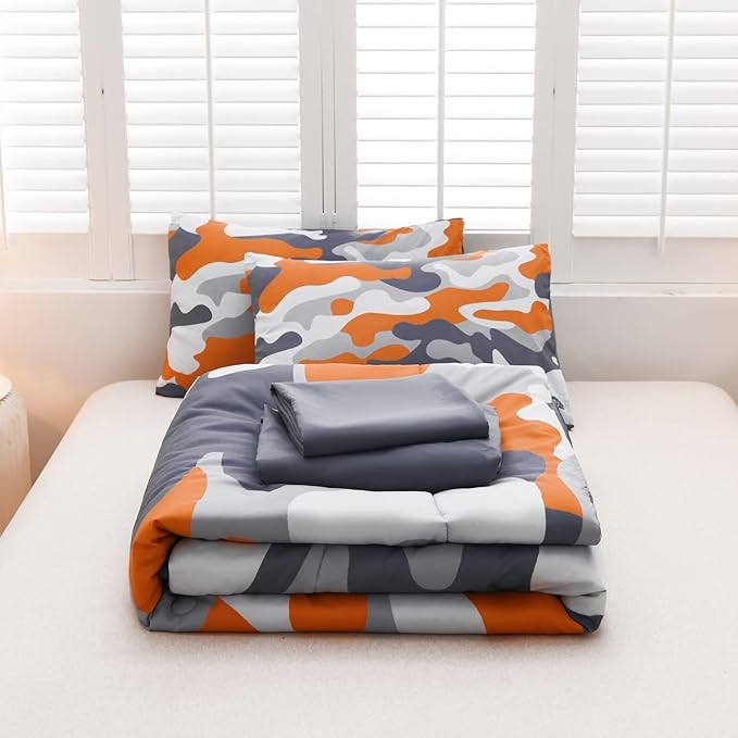 Meeting Story Camouflage Bedding Set, Colorful Pattern Style Comforter Set, 5 PCS One Comforter Two Pillowcases Two Sheets in One Bag, All Season Bedspread for Teens Adults (Orange, Full 5Pcs) - LeafyLoom