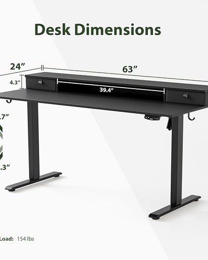 63 x 24 Inches Electric Standing Desk with 2 Storage Drawers, Stand Up Desk Adjustable Height, Sit and Stand Computer Table with Splice Board, Black - LeafyLoom