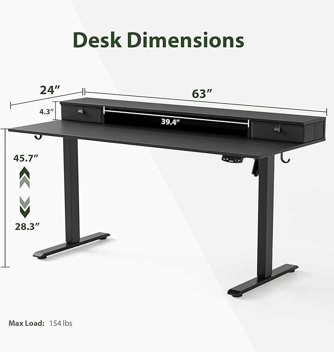 63 x 24 Inches Electric Standing Desk with 2 Storage Drawers, Stand Up Desk Adjustable Height, Sit and Stand Computer Table with Splice Board, Black - LeafyLoom