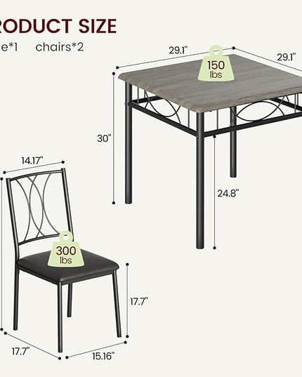 Dining Table Set for 2, 3 Piece Kitchen Table Set with 2 Upholstered Chairs, Square Kitchen Table Set for Small Space, Apartment, Dining Room, Retro Gray - LeafyLoom