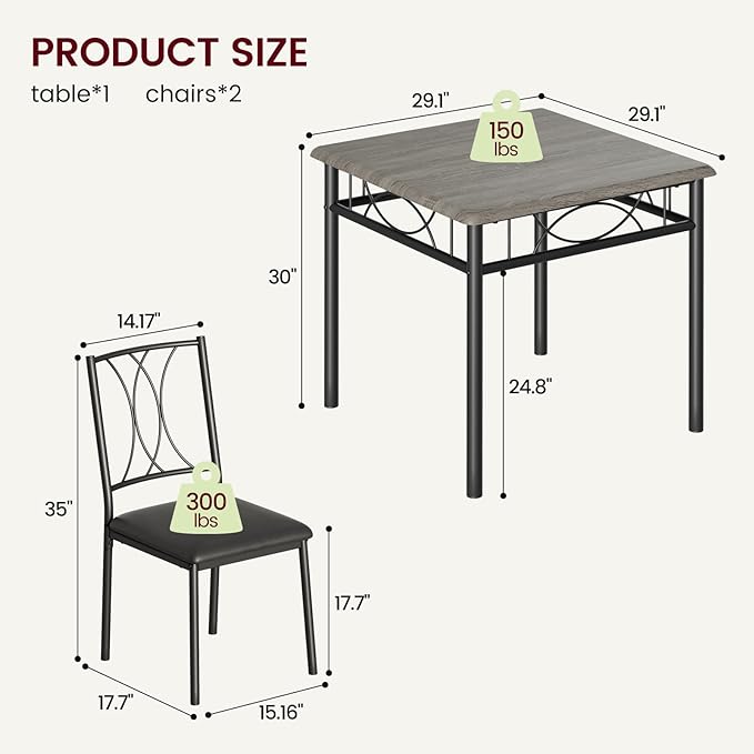 Dining Table Set for 2, 3 Piece Kitchen Table Set with 2 Upholstered Chairs, Square Kitchen Table Set for Small Space, Apartment, Dining Room, Retro Gray - LeafyLoom