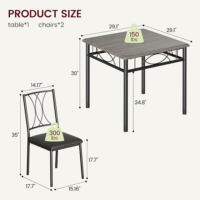 GAOMON Dining Table Set for 2, Kitchen Table and Chairs for 2, Dining Room Table Set with 2 Upholstered Chairs, Square Kitchen Table Set for Small Space, Apartment, Studio, Rustic Gray - LeafyLoom