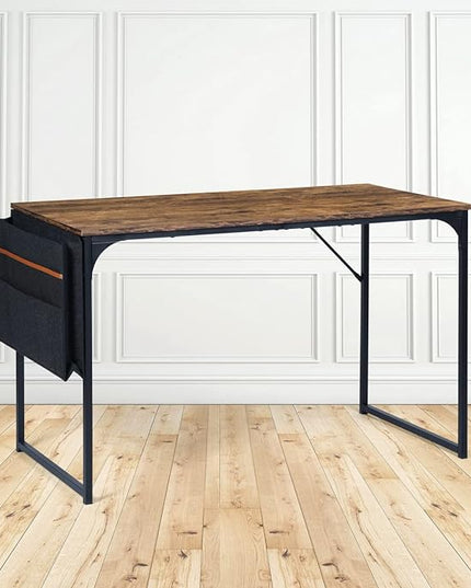 FurnitureR 39.4 inch Small Study Writing Table with Storage Bag Space Saving for Home Office, Modern PC Metal Frame Computer Desk, Brown - LeafyLoom