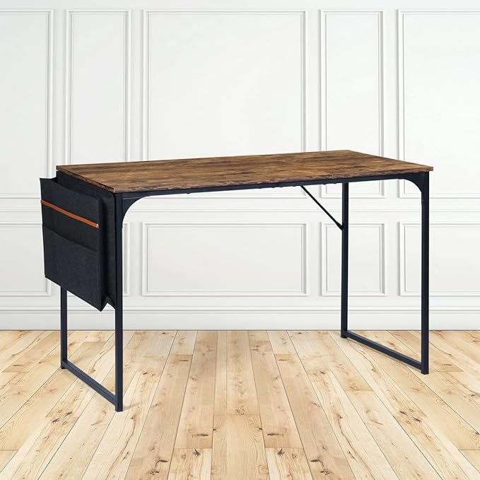 FurnitureR 39.4 inch Small Study Writing Table with Storage Bag Space Saving for Home Office, Modern PC Metal Frame Computer Desk, Brown - LeafyLoom
