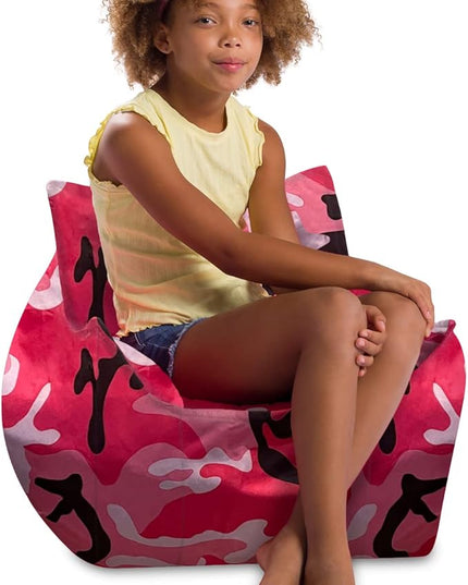 Posh Creations Structured Comfy Bean Bag Chair for Gaming, Reading and Watching TV, Newport Chair, Nylon - Camo Pink and Black - LeafyLoom