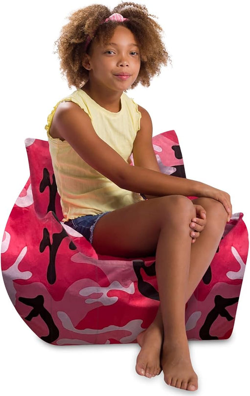 Posh Creations Structured Comfy Bean Bag Chair for Gaming, Reading and Watching TV, Newport Chair, Nylon - Camo Pink and Black - LeafyLoom