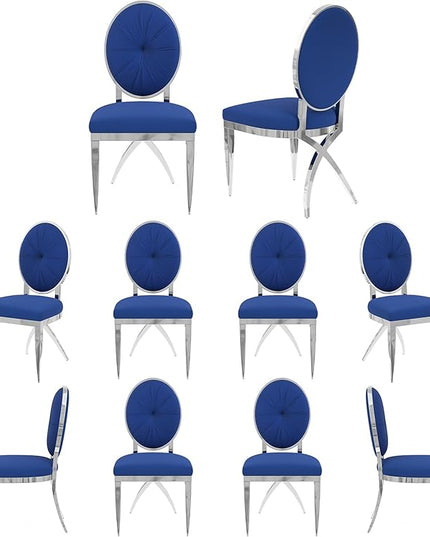 ACEDÉCOR Blue and Silver Dining Room Chairs, Classic King Louis Velvet Upholstered Dining Chairs, Silver Legs Dining Chair Set of 10 - LeafyLoom