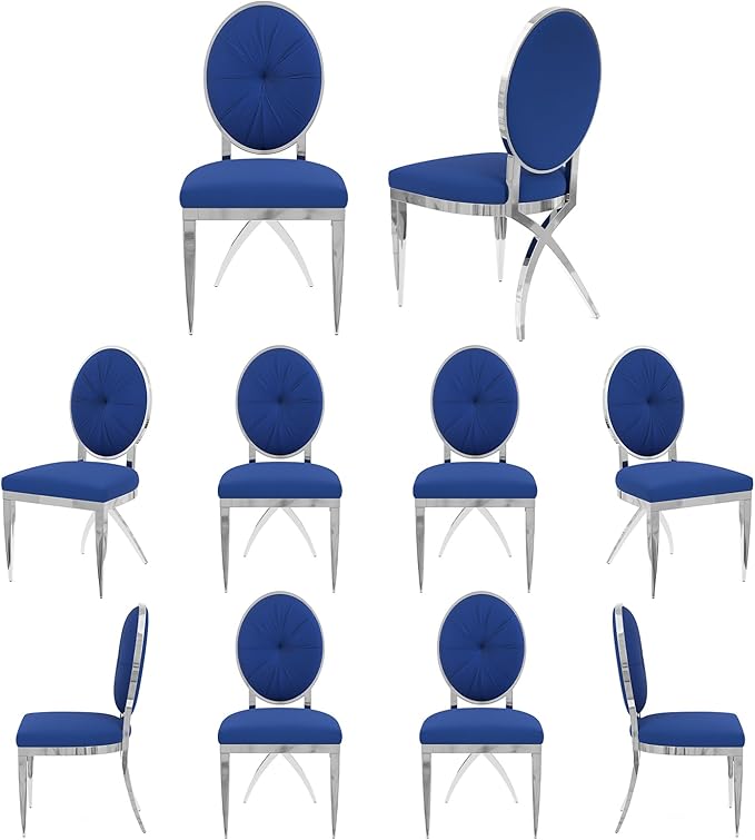 ACEDÉCOR Blue and Silver Dining Room Chairs, Classic King Louis Velvet Upholstered Dining Chairs, Silver Legs Dining Chair Set of 10 - LeafyLoom