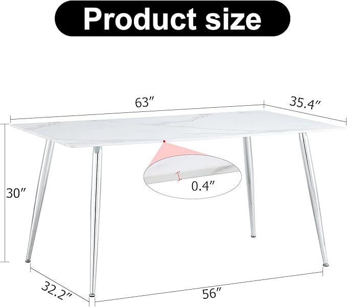 NicBex Modern Minimalist Rectangular Dining Table with 0.4 Inch White Imitation Marble Tabletop and Silver Metal Legs Suitable for Kitchens, Restaurants, and Living Rooms, White - LeafyLoom