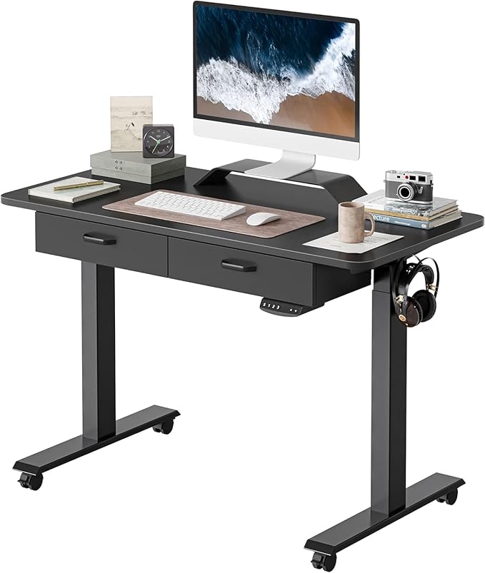 BANTI 48'' Adjustable Height Electric Standing Desk with Double Drawer, Stand Up Home Office Desk with Splice Tabletop, Black - LeafyLoom
